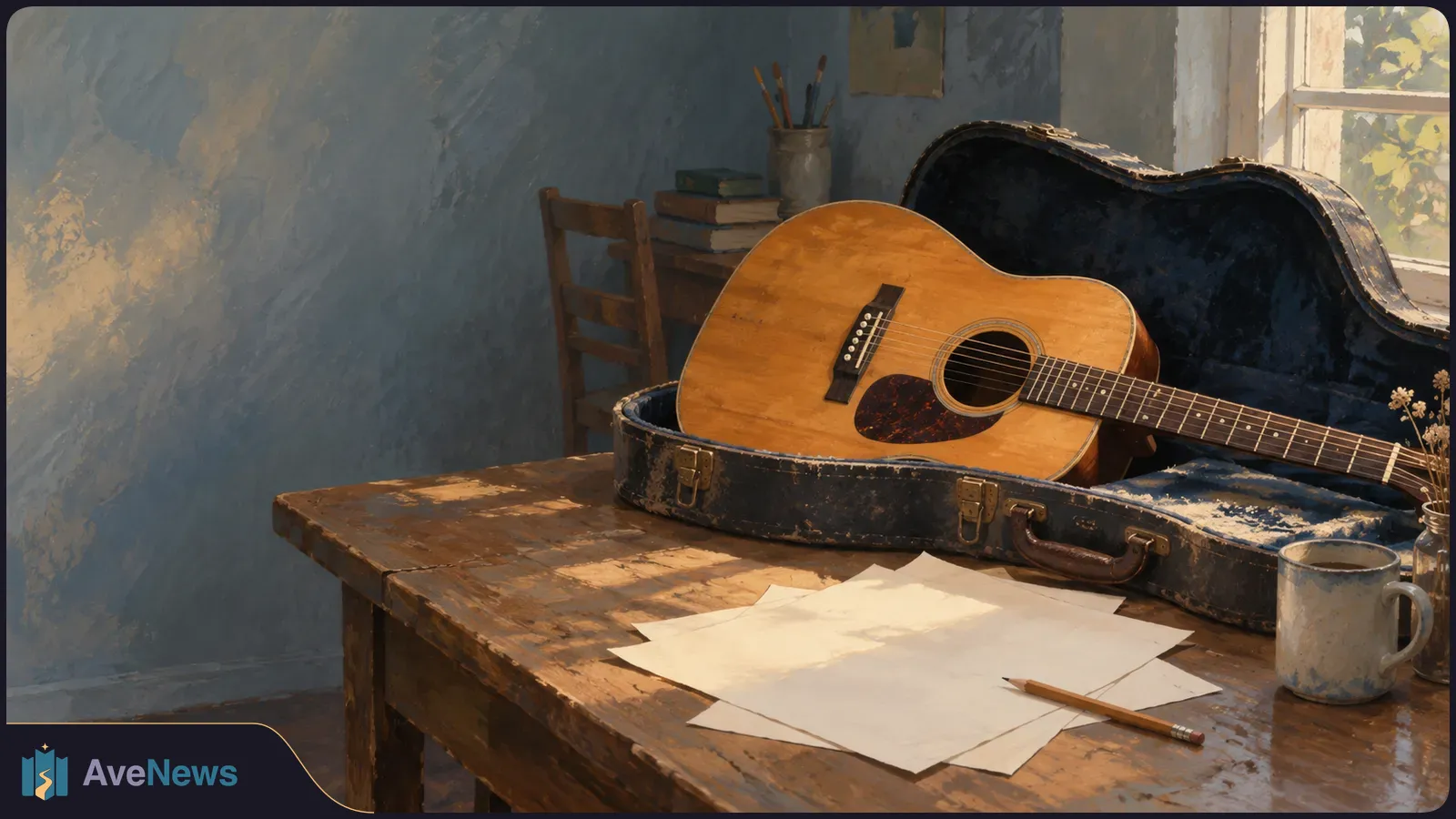 An acoustic guitar rests in an open case on a wooden table beside blank sheets of paper, a pencil and a mug, with sunlight coming through a window. SI illustration