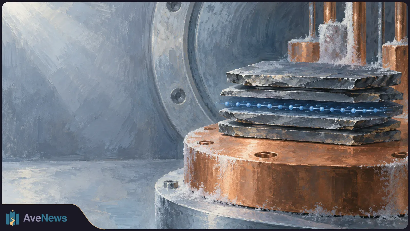 Painterly image of stacked dark slabs in a frosted metal chamber, with a row of blue dots between two layers. SI illustration