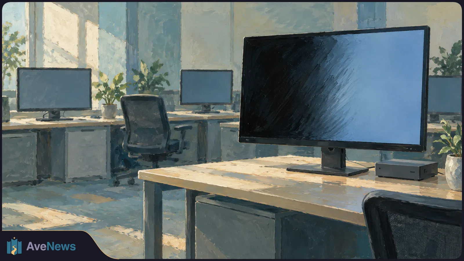 Painted office with several desks and blank monitors. A large foreground screen shifts from black to blue beside a small computer and potted plant. SI illustration