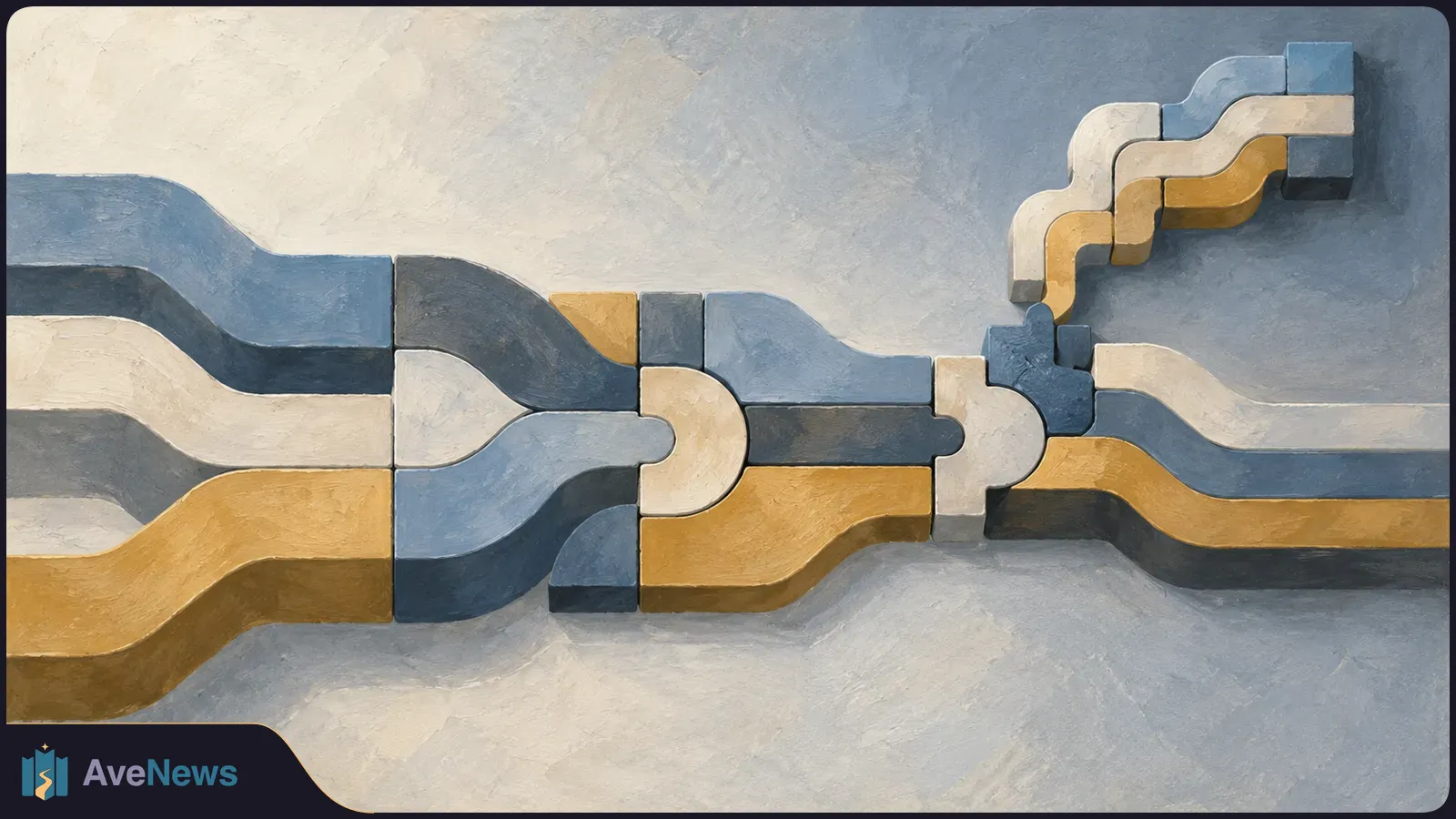 Painted blue, cream and gold bands interlock across a gray background, with a smaller branch rising at the upper right. SI illustration