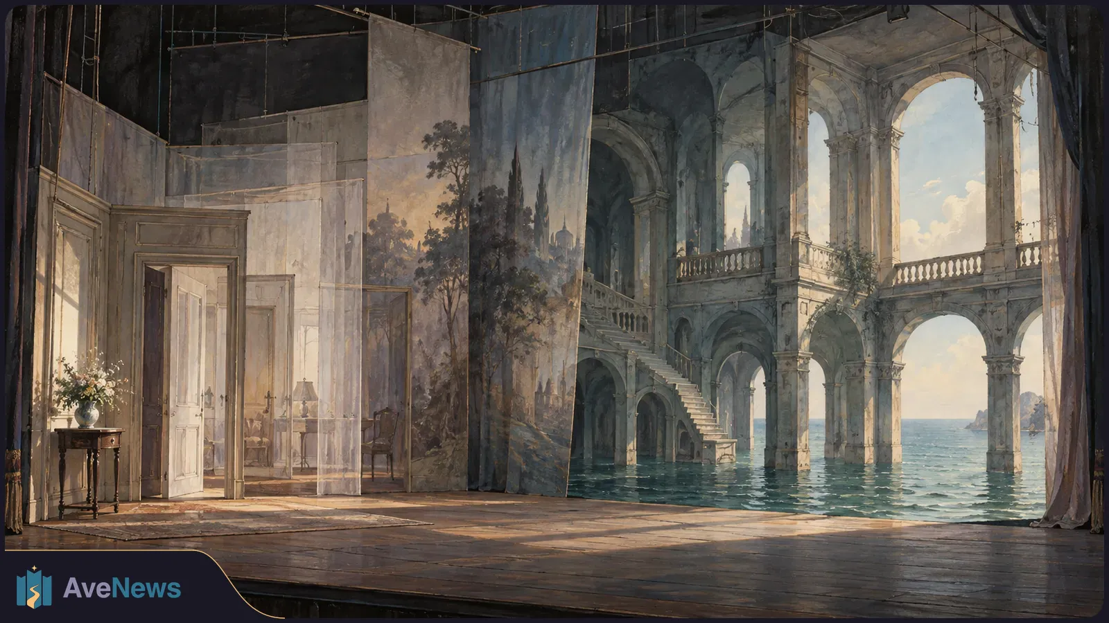 Layered painted scenery on a theater stage shows a room with open doors on the left and an arched mansion with stairs rising above seawater on the right. SI illustration