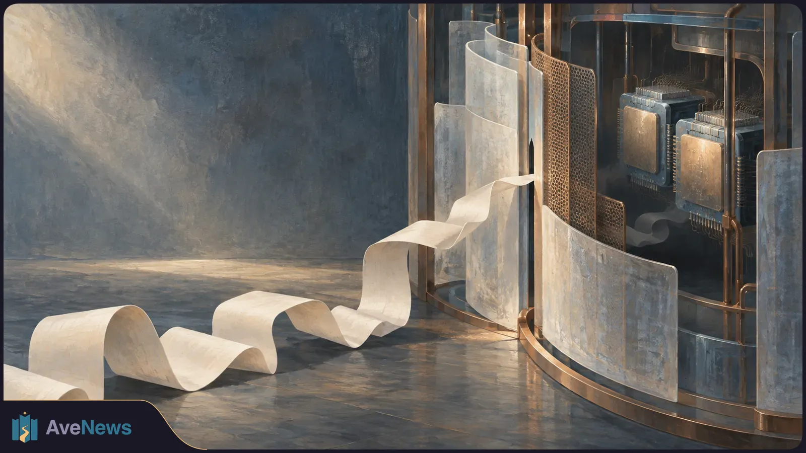 A long blank paper ribbon spills across the floor from a curved machine enclosure, with two exposed computer chips behind its panels. SI illustration