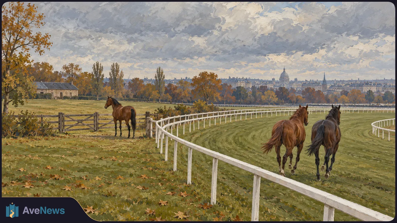 Painted autumn racecourse with two riderless horses moving along a white rail and a third standing near a gate; a city skyline sits beneath a cloudy sky. SI illustration