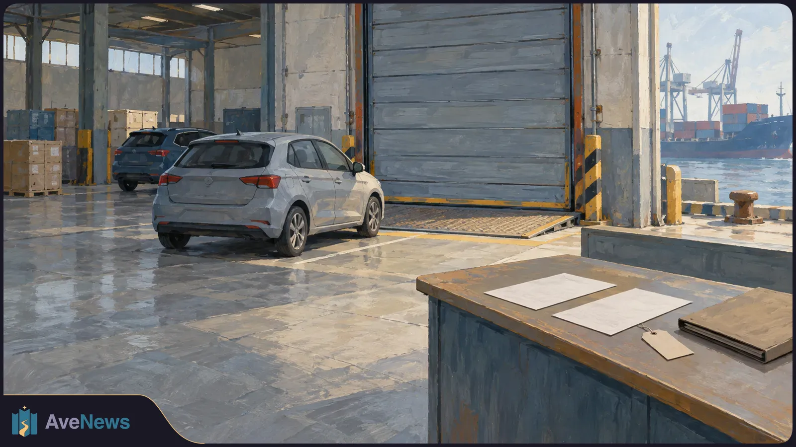 Two cars stand in a port warehouse beside a closed loading door. Blank papers and a folder lie on a foreground desk; a ship and cranes are visible outside. SI illustration