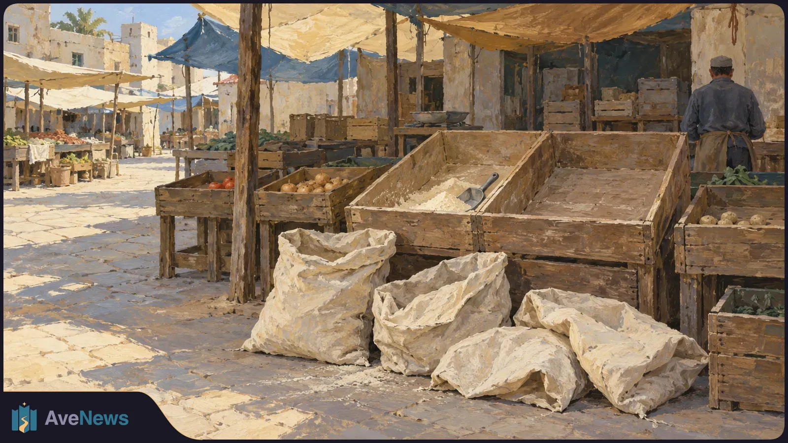Illustration of a sunlit outdoor market with nearly empty wooden grain bins, a scoop in a little flour, open sacks, produce stalls and a vendor seen from behind. SI illustration