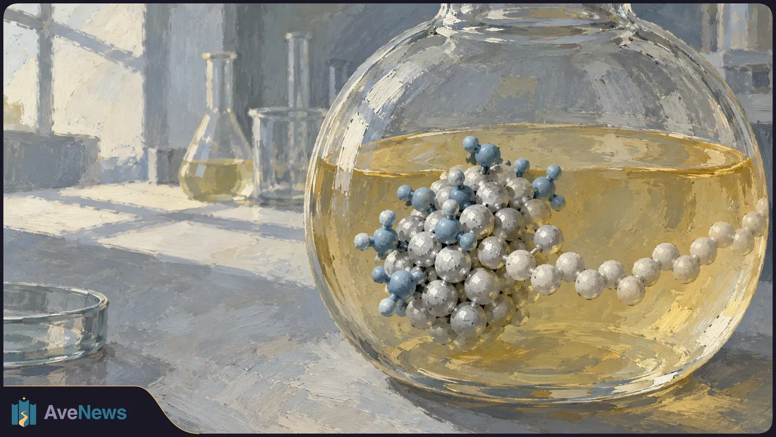 Painterly laboratory scene with a ball-and-stick molecular model inside a round flask of golden liquid. Other glassware sits on the bench behind it. SI illustration