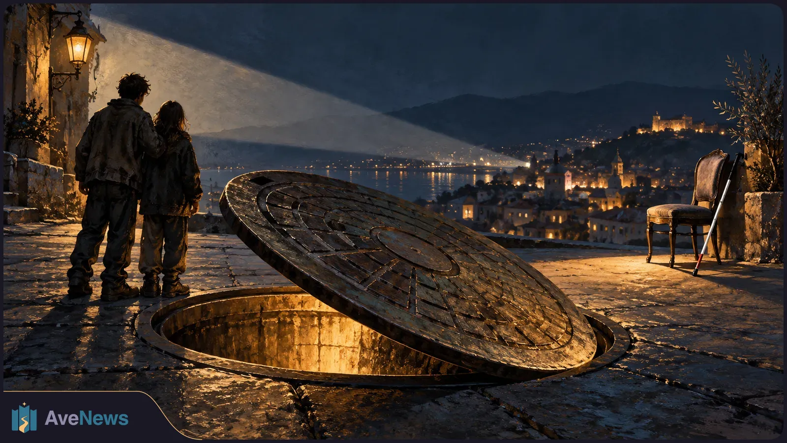 Two figures stand beside a large, open manhole on a stone terrace overlooking a lit city at night. A chair and cane are on the right. SI illustration