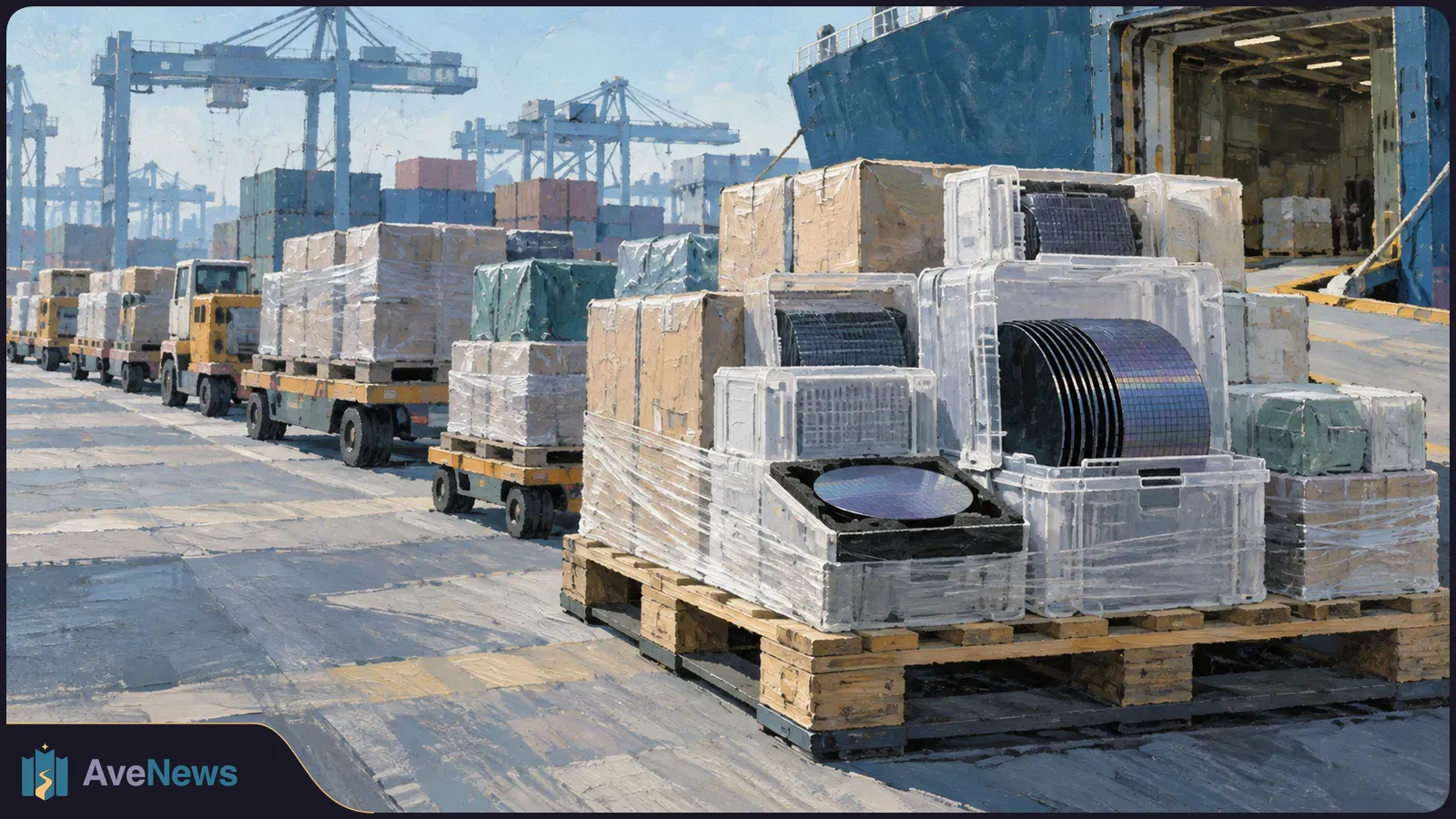 Painterly port scene with wrapped crates and dark circular components on pallets, trucks, container cranes, and an open cargo ship. SI illustration