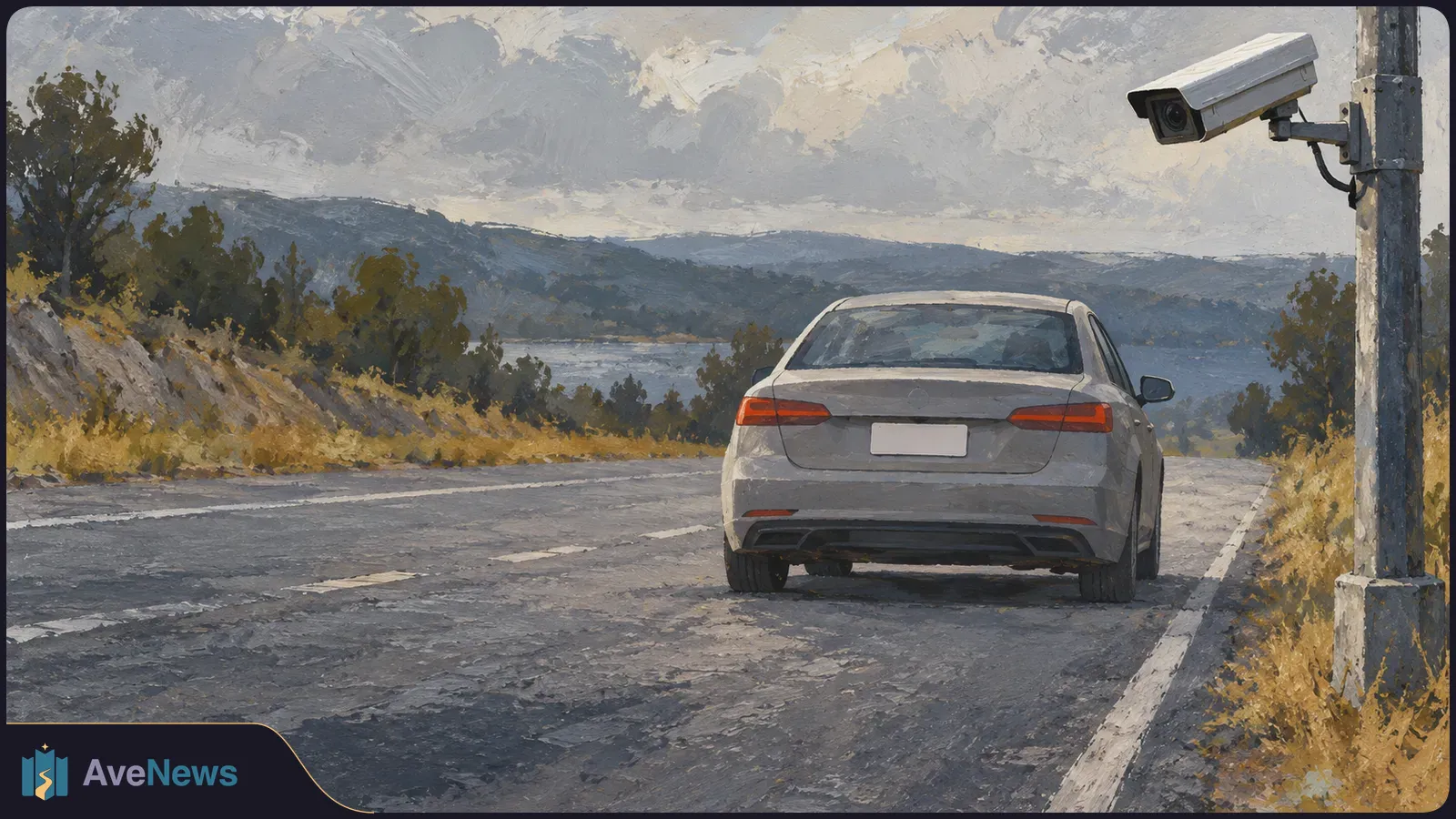 Painted scene of a roadside camera aimed toward the rear of a gray car with a blank license plate on a winding road. SI illustration