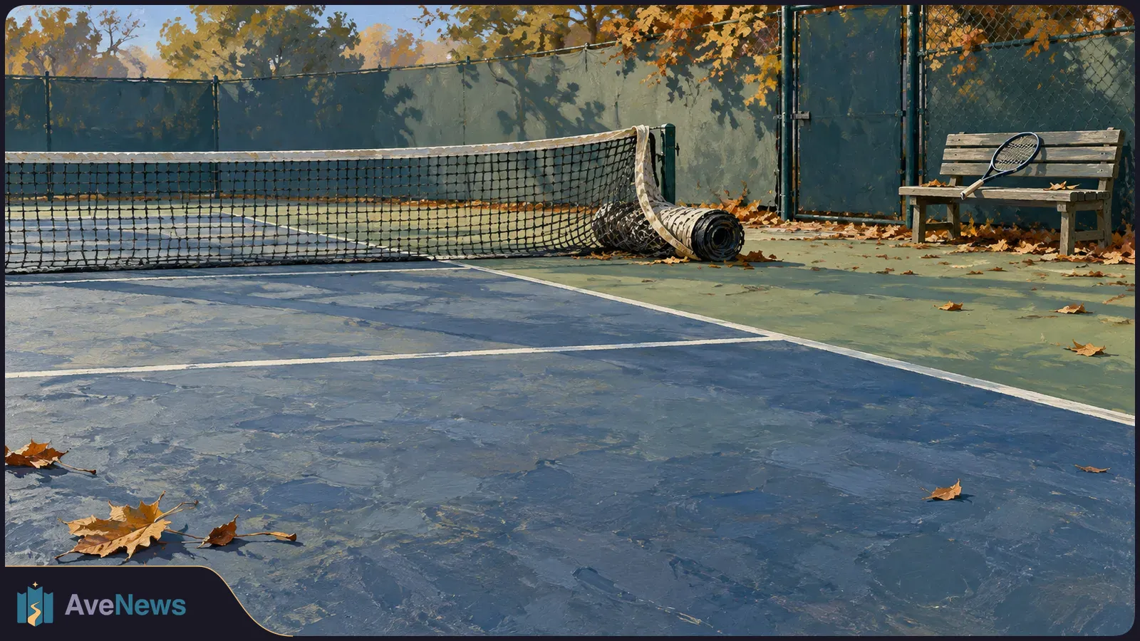 An empty outdoor tennis court strewn with autumn leaves, with a sagging, partly rolled net and a racket on a bench. SI illustration