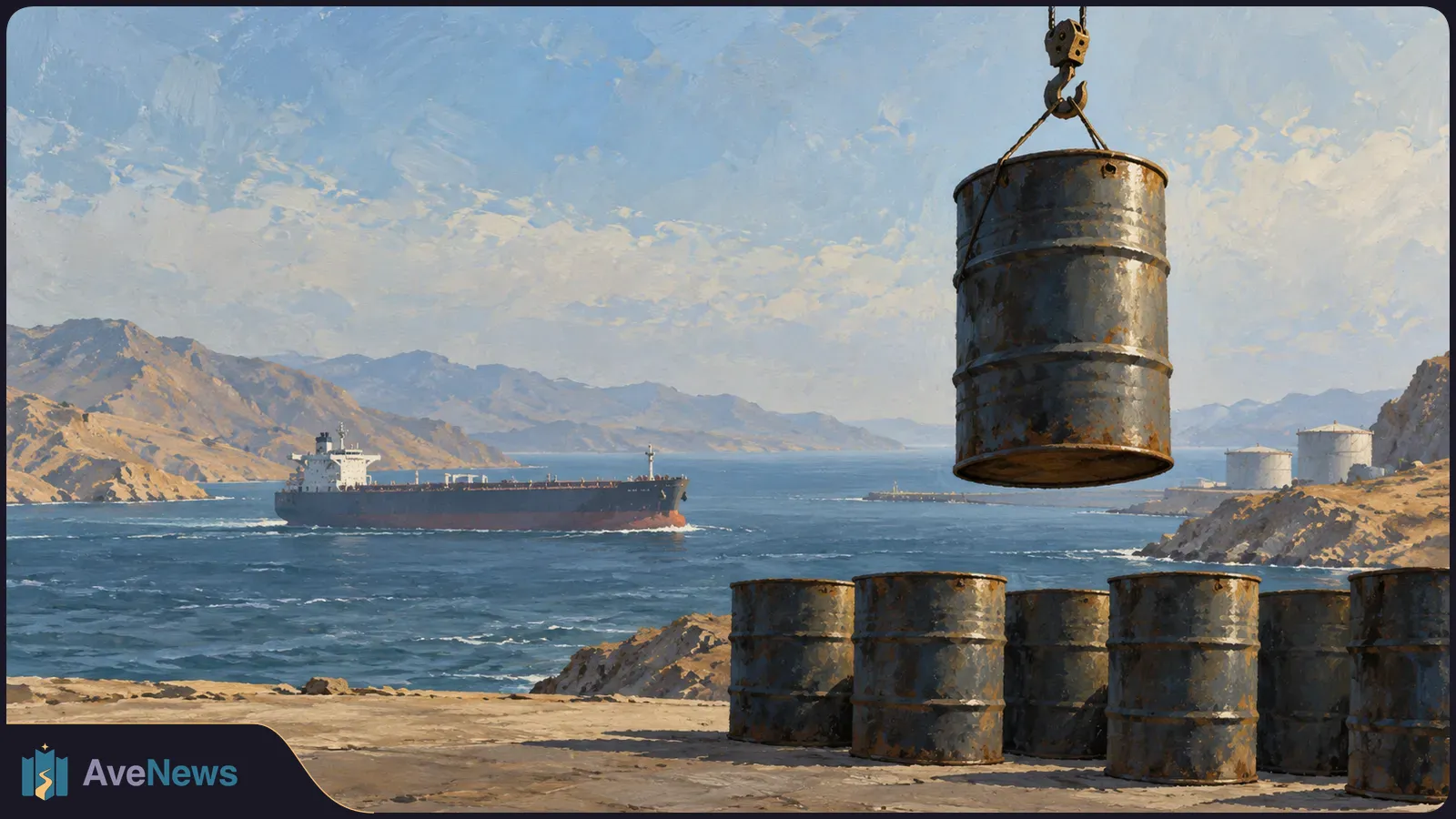 Painterly coastal scene with a tanker at sea, storage tanks on the shore, and rusted oil drums in the foreground, one suspended from a crane hook. SI illustration