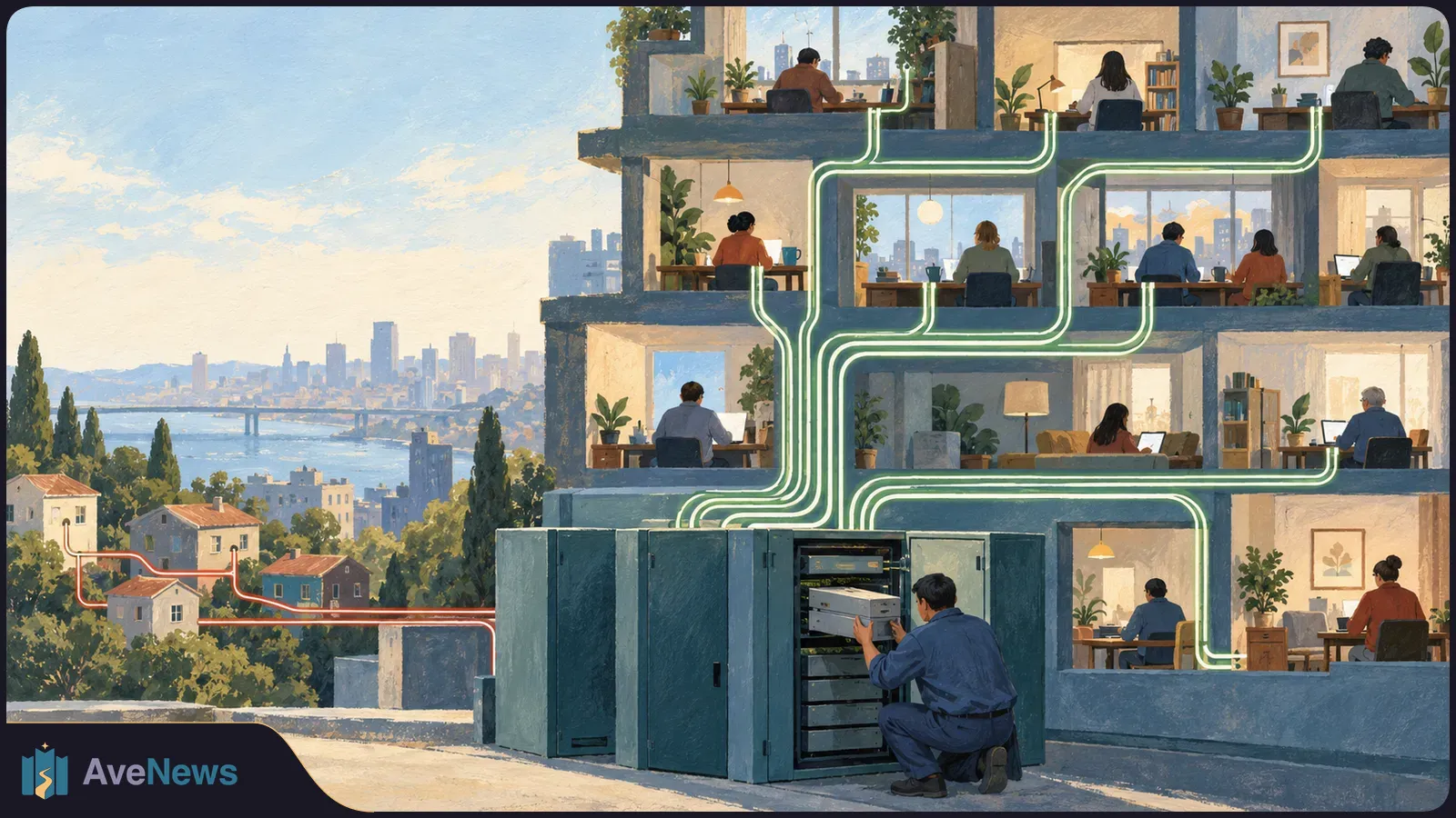 Illustration of a technician working on a server cabinet beside a cutaway building. Glowing lines connect the cabinet to rooms where people sit at computers, with a city in the background. SI illustration