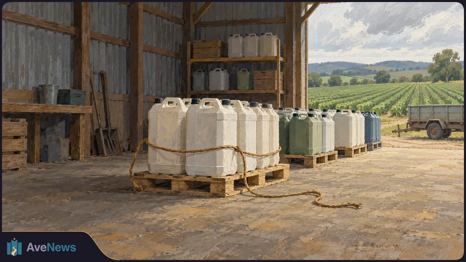 Painted farm shed with white jugs bound by a rope on a pallet, more jugs nearby, and crop rows visible through the open doorway. SI illustration