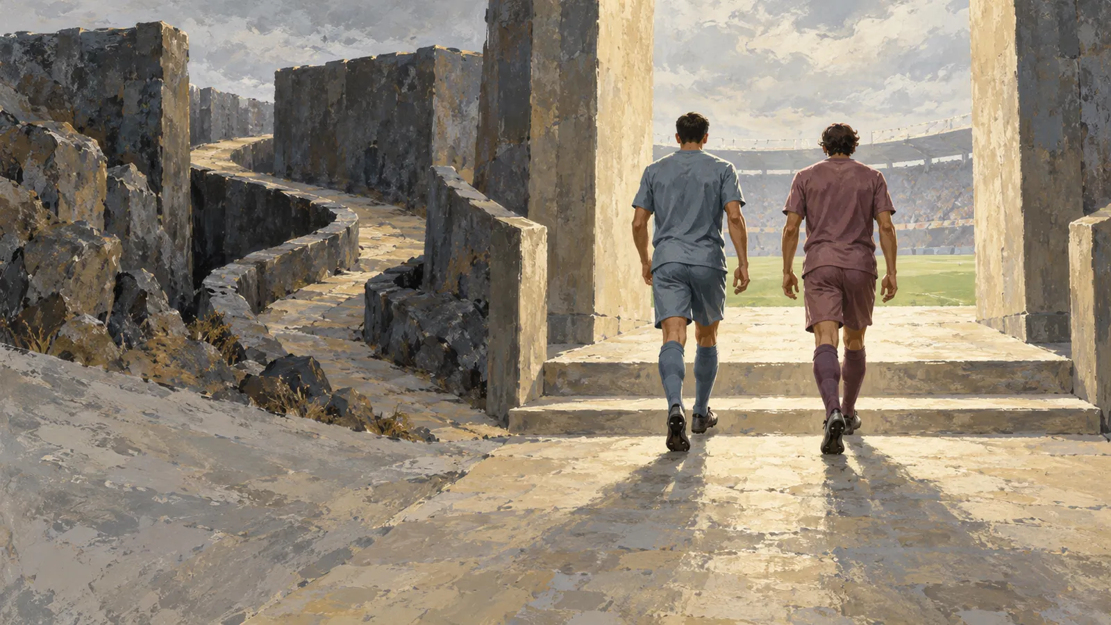 Two footballers in blue and maroon kits walk through a stone entrance toward a stadium pitch, with a winding path among rocks to their left. SI illustration
