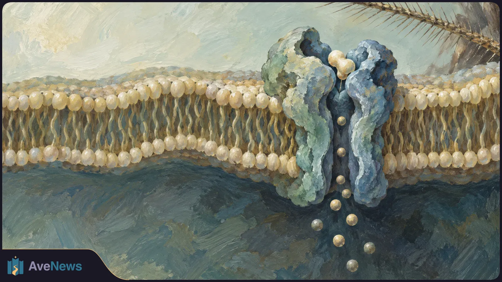 Painted cross-section of a cell membrane with a blue-green protein channel; pale spheres cluster above its opening and form a path through it. SI illustration