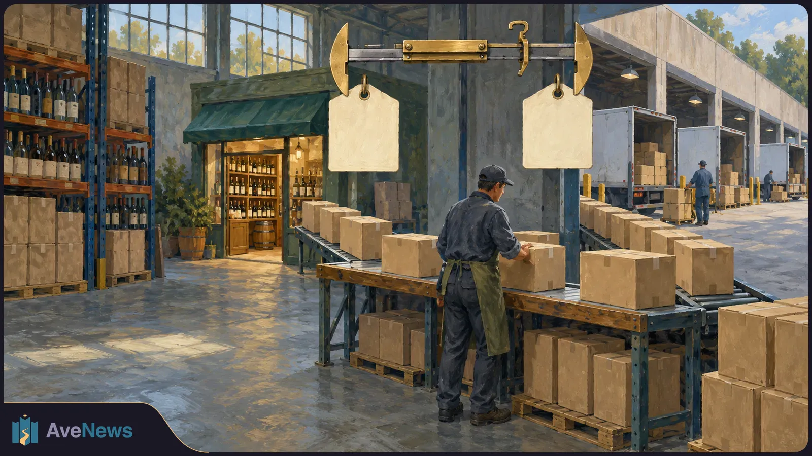 Painted wine warehouse with a worker handling boxes on a conveyor beneath a balance with two blank tags. Bottles line shelves, and trucks wait outside. SI illustration