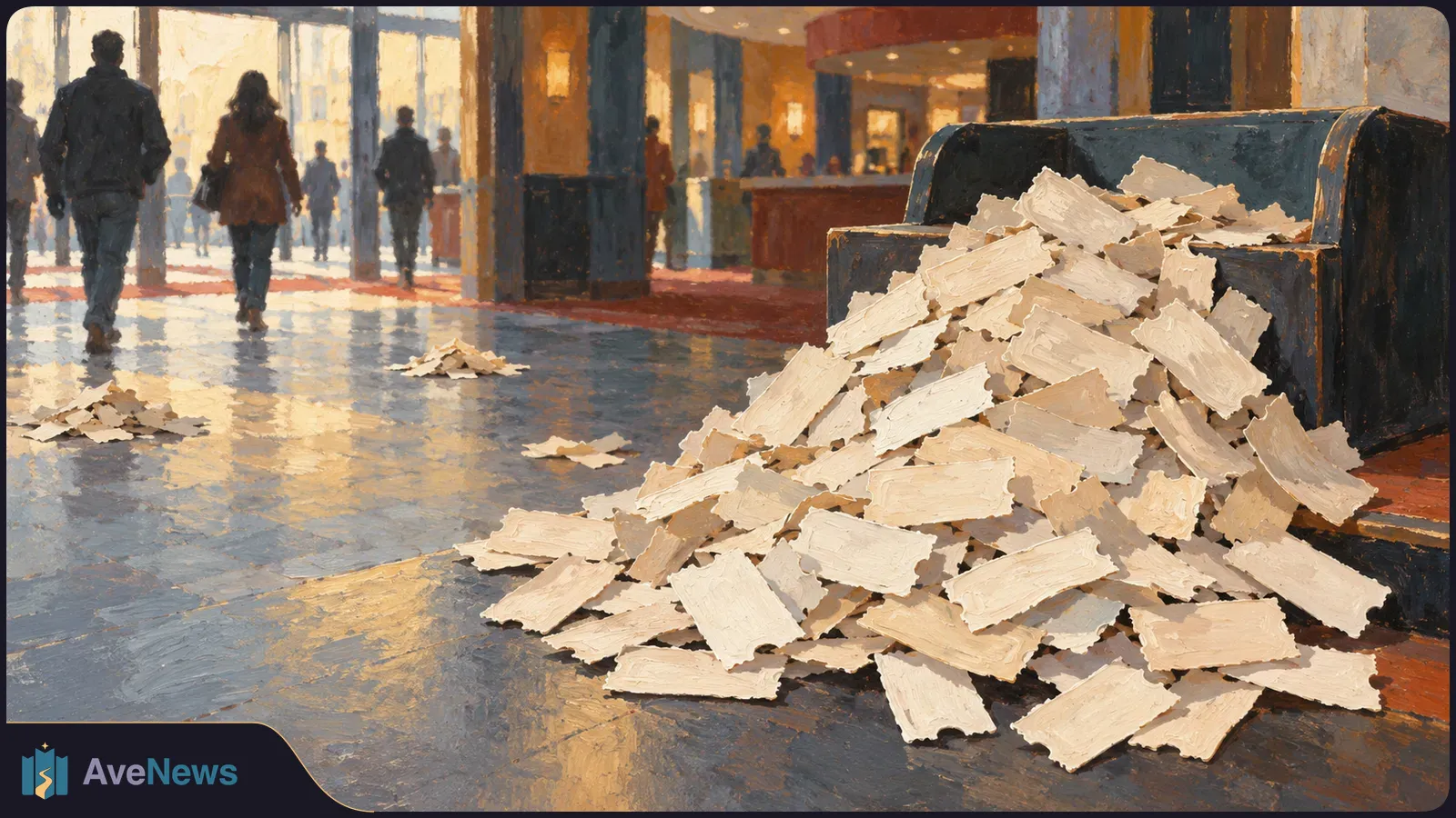 A large pile of torn paper slips beside a dark bench in a warmly lit lobby, with people walking near glass doors in the background. SI illustration