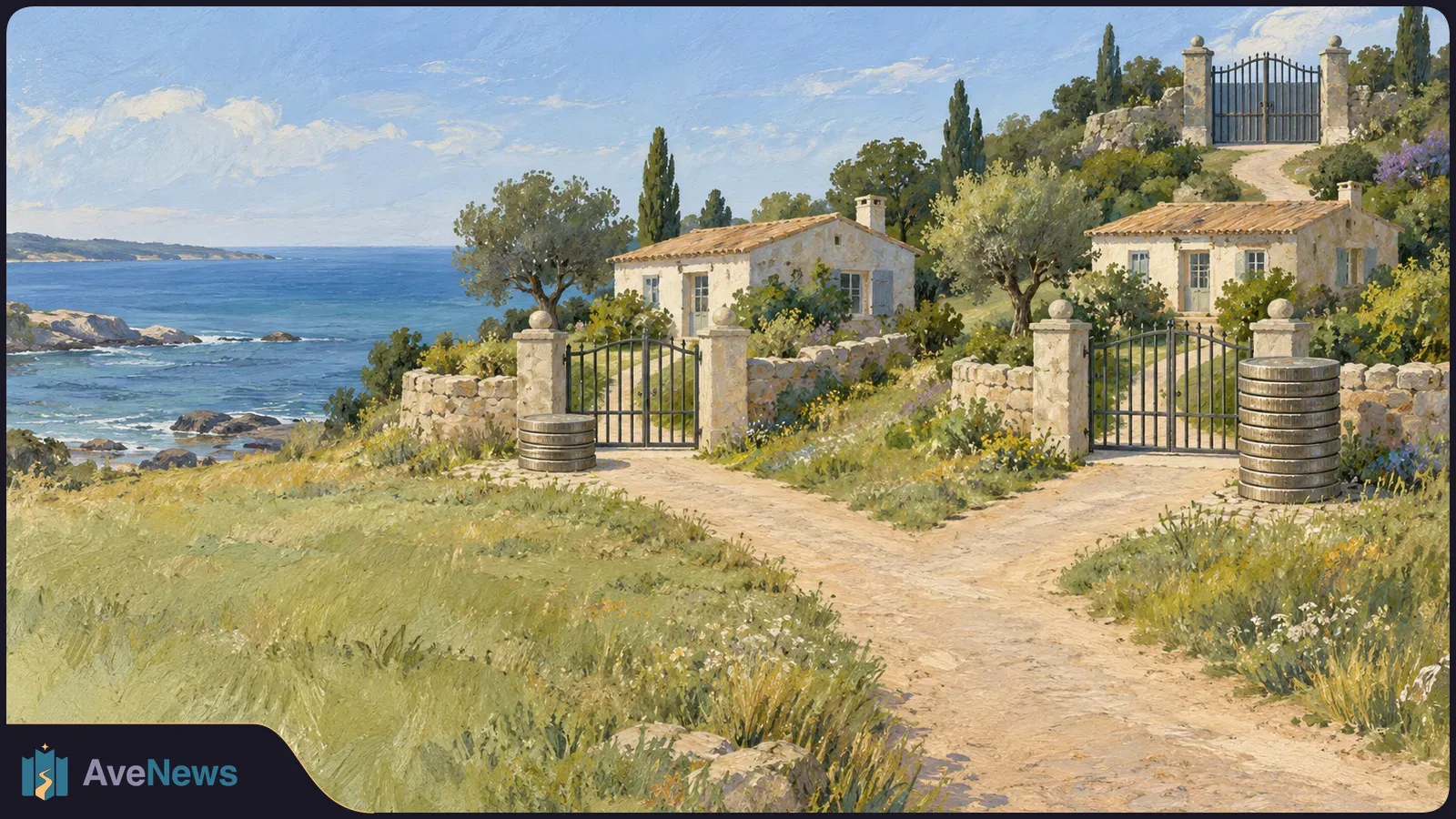 A painted coastal scene shows two stone cottages behind separate iron gates. A forked path leads toward them, with coin stacks of different heights beside the gates. SI illustration
