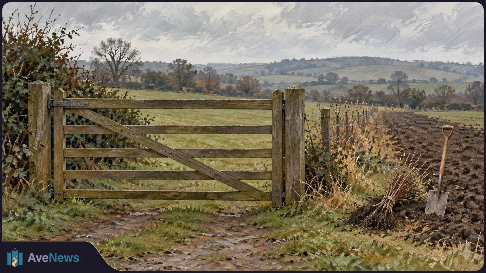 Painted rural scene with a wooden gate beside a ploughed field. A spade and a tied bundle of bare-root plants rest in the soil beneath a cloudy sky. SI illustration