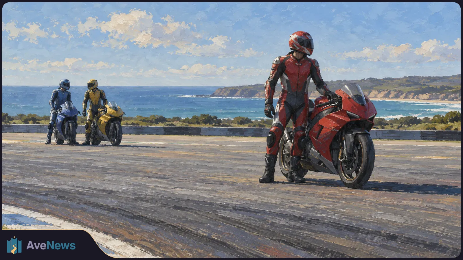 Painterly illustration of three helmeted riders with red, blue and yellow sport motorcycles on a coastal road, with the sea and cliffs behind them. SI illustration