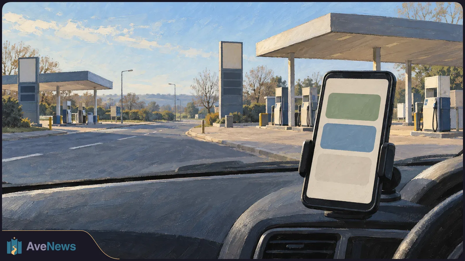 Painted view from inside a car: a dashboard-mounted phone with blank colour blocks on its screen faces an empty fuel station with pumps under two canopies. SI illustration