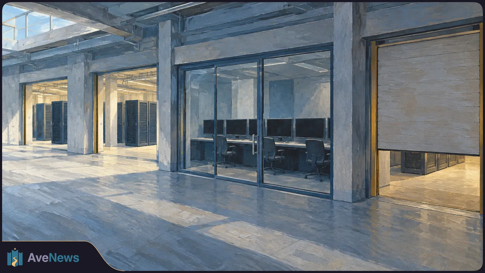 Painted data-center corridor with server racks, a glass-walled room of dark monitors and chairs, and a partly lowered roller shutter. SI illustration