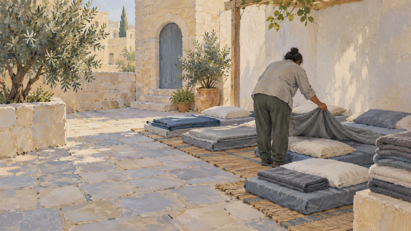 An illustration of a person arranging bedding on floor mattresses in a sunlit stone courtyard, with folded blankets, potted plants and a blue door. SI illustration