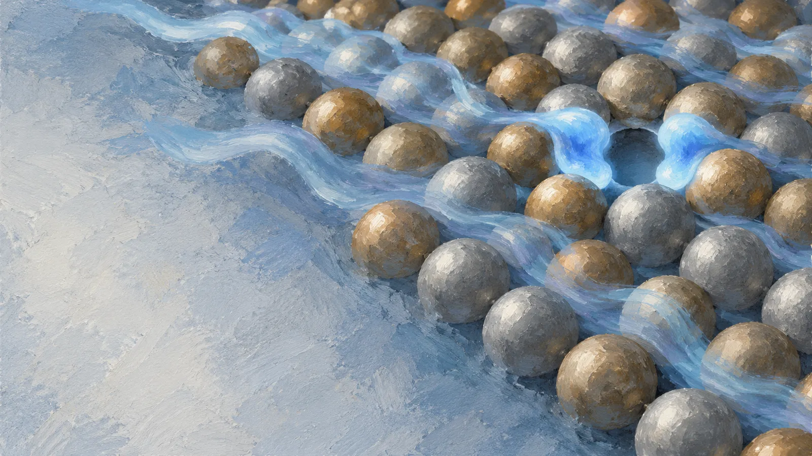 A painterly array of gold and gray spheres, with pale blue ribbons weaving between them and a dark gap surrounded by a bright blue glow. SI illustration