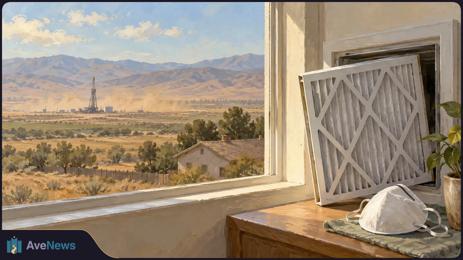 Illustration of a dust-hazed valley with a distant drilling rig, seen through a window beside an air filter and a white respirator mask. SI illustration