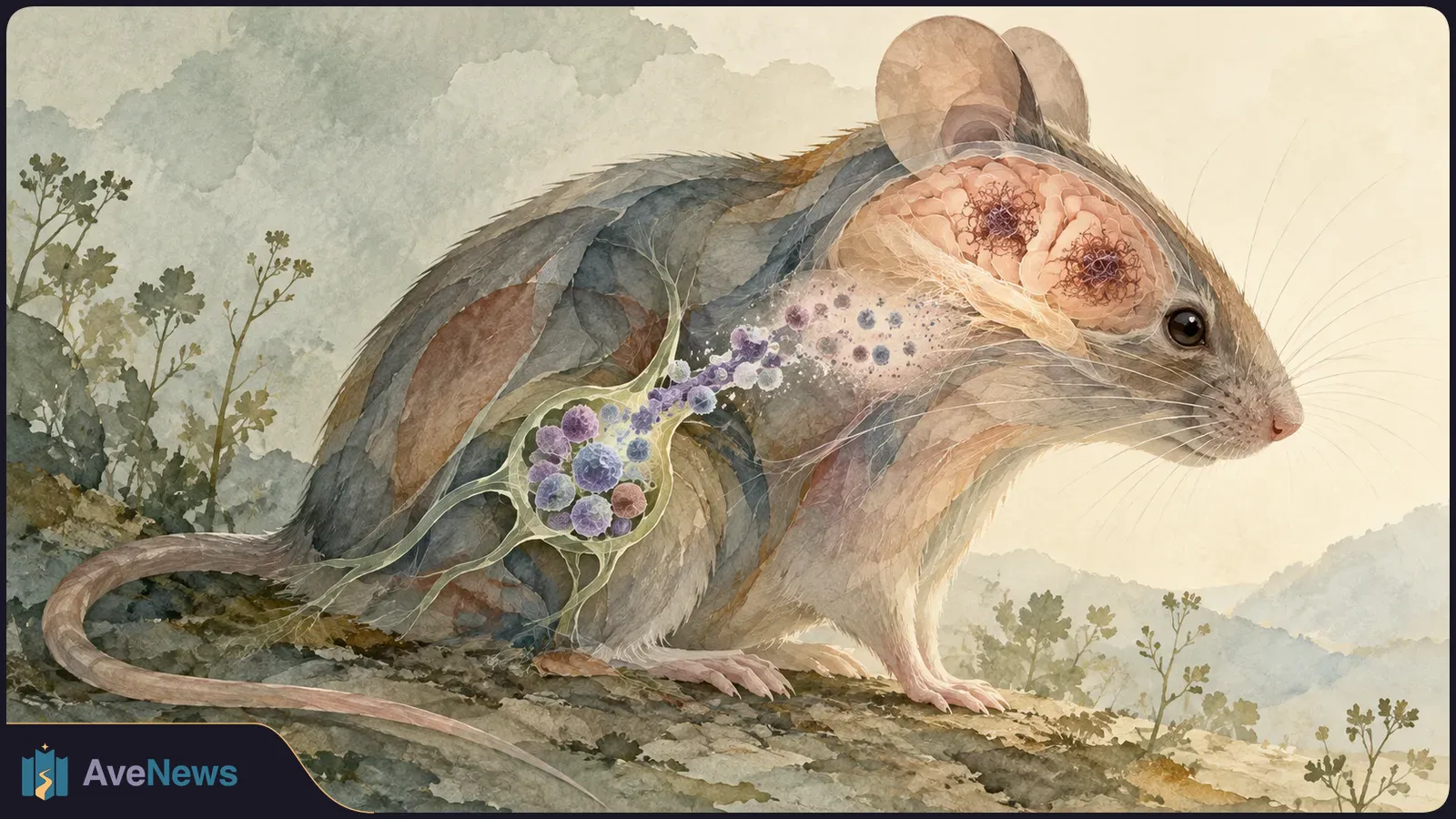 Watercolor cutaway of a mouse on rocky ground, showing a pink brain, a cluster of purple cells in its body, and translucent strands between them. SI illustration