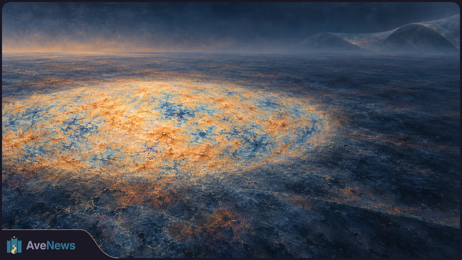 A mottled orange-and-blue oval spreads across a dark, flat expanse beneath a dusky sky, with low curved ridges on the horizon. SI illustration