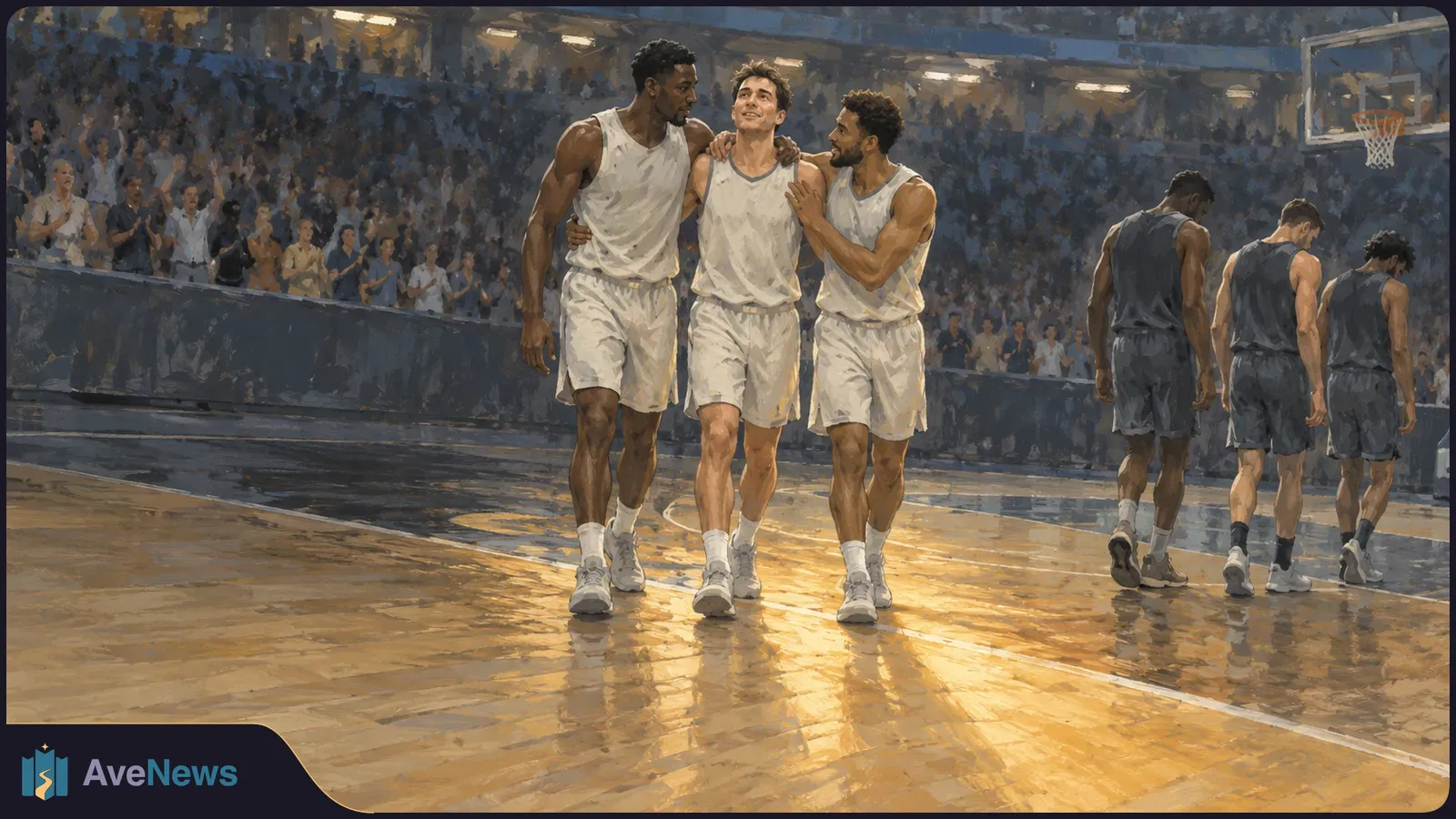 Illustration of three basketball players in white uniforms walking arm in arm across a court, while three players in dark uniforms walk away and a crowd fills the arena. SI illustration