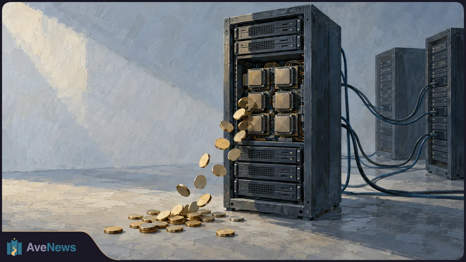 A painted server rack with exposed chips spills gold coins onto the floor. Cables connect it to two other racks in the background. SI illustration