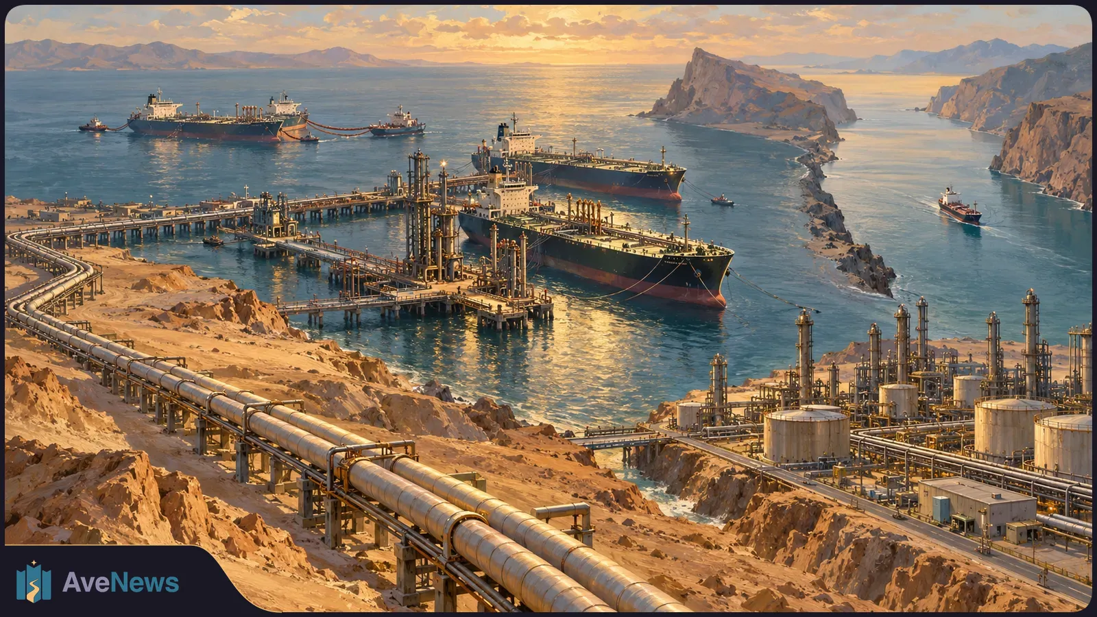 Oil tankers beside a coastal terminal, with pipelines crossing rocky desert terrain and storage tanks under a sunset sky. SI illustration