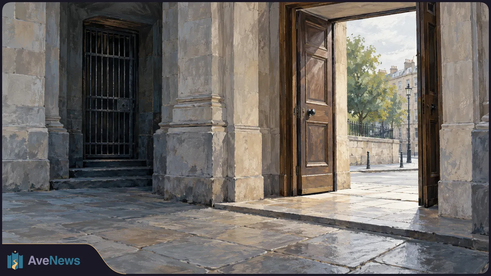 Painted stone passageway with a barred gate on the left and open wooden doors on the right, looking onto a tree-lined street. SI illustration