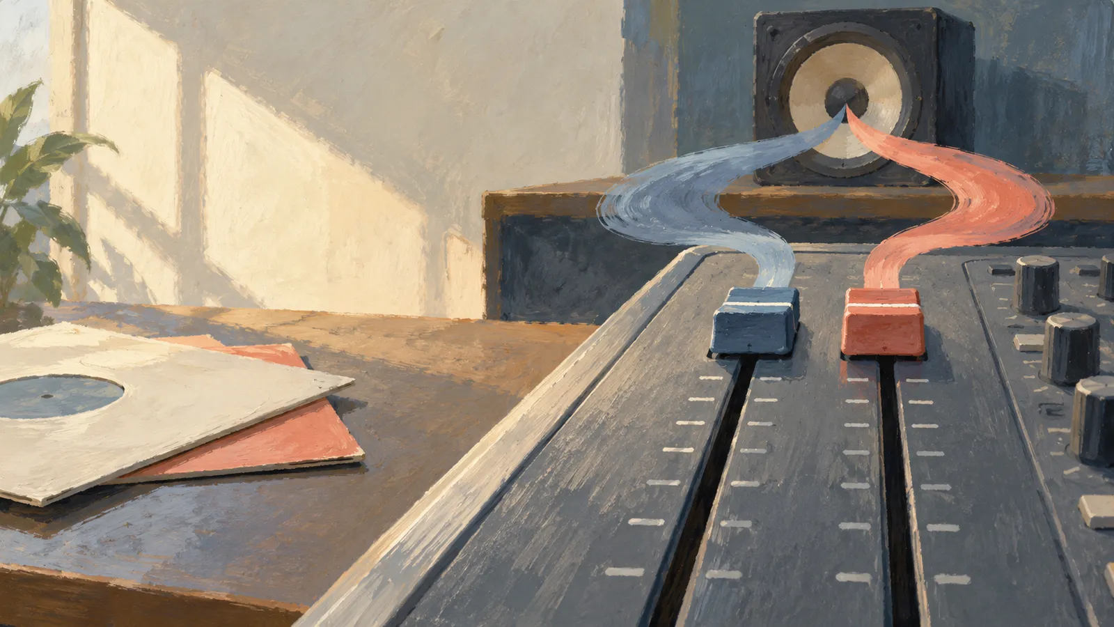 Illustration of a mixing console with blue and coral sliders, their matching ribbons curving toward a speaker. Record sleeves lie on a sunlit table. SI illustration