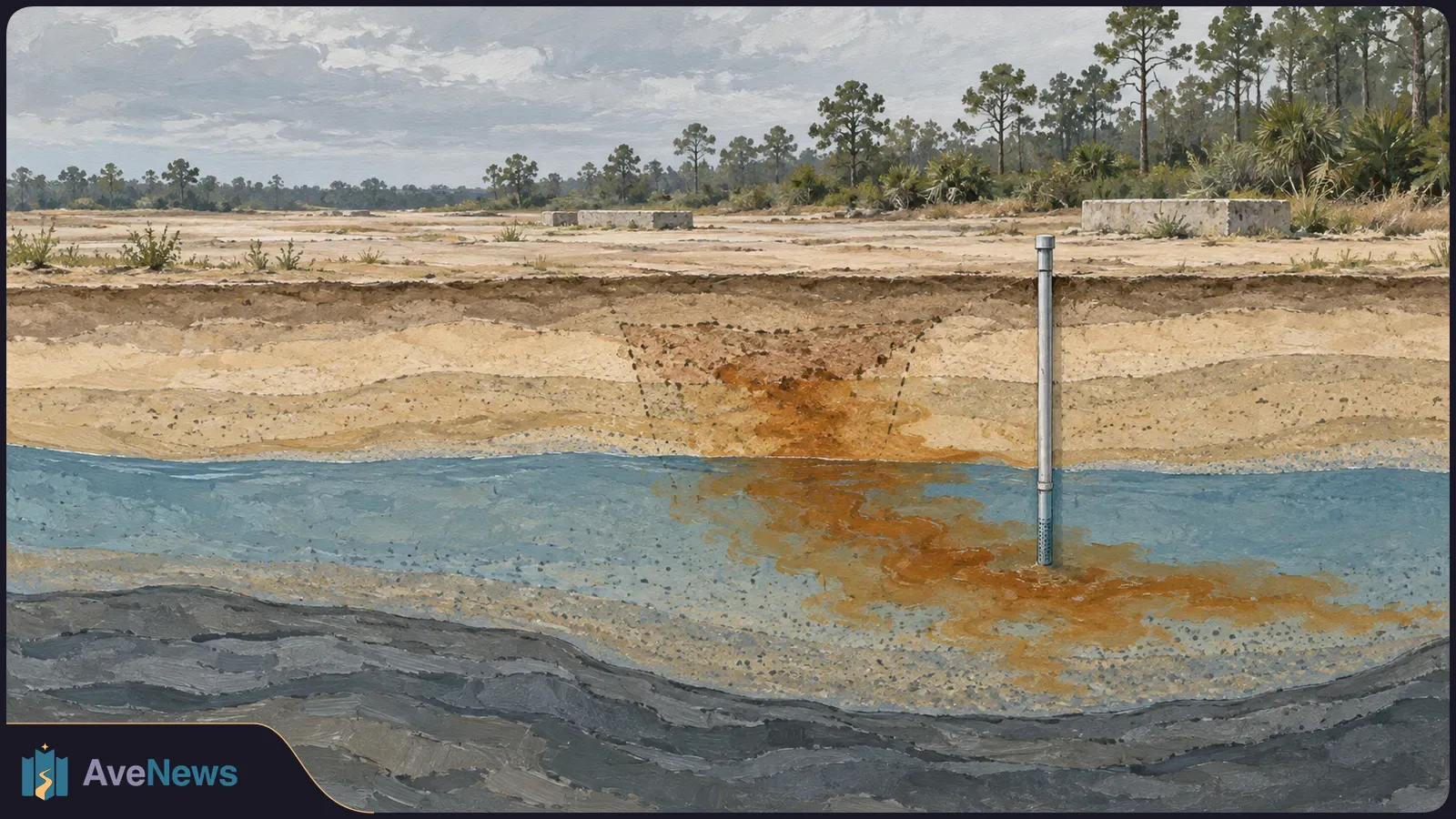 Painted cutaway of sandy ground and blue groundwater beneath a cleared, tree-lined site. A vertical pipe reaches the water, where an orange-brown plume spreads. SI illustration