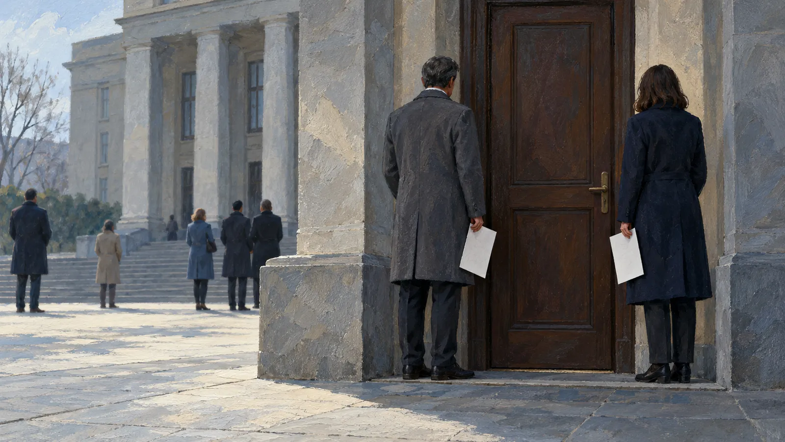 Նկար․ երկու մարդ թղթերը ձեռքին կանգնած են փակ փայտե դռան մոտ, իսկ մյուսները՝ սյունաշարով շենքի աստիճանների մոտ։ ԳԲ նկարազարդում