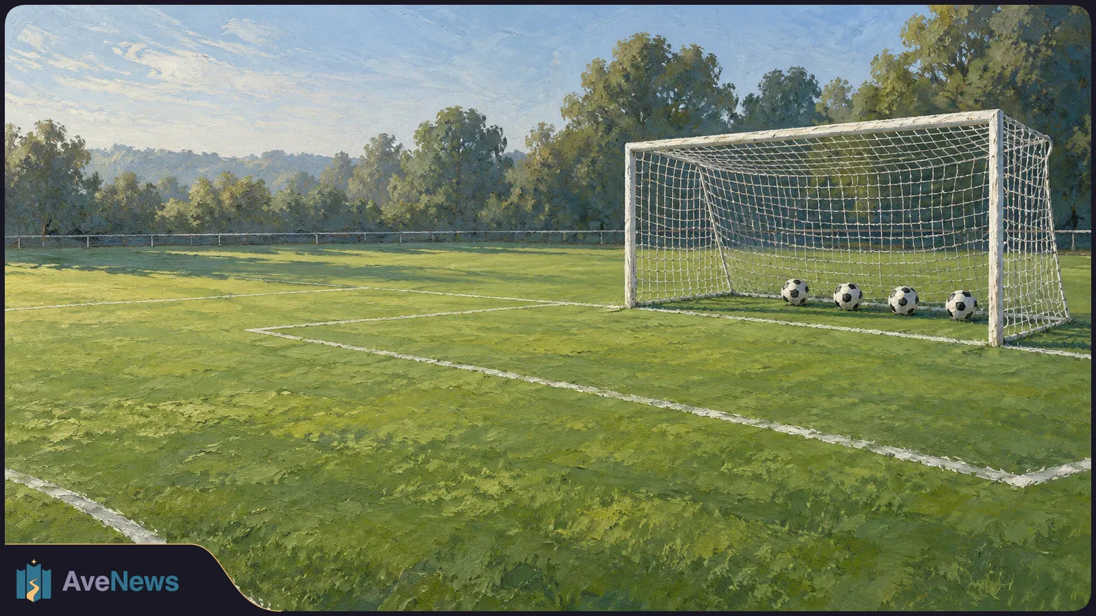 Painted football pitch with four black-and-white balls inside an empty goal and trees beyond the field. SI illustration