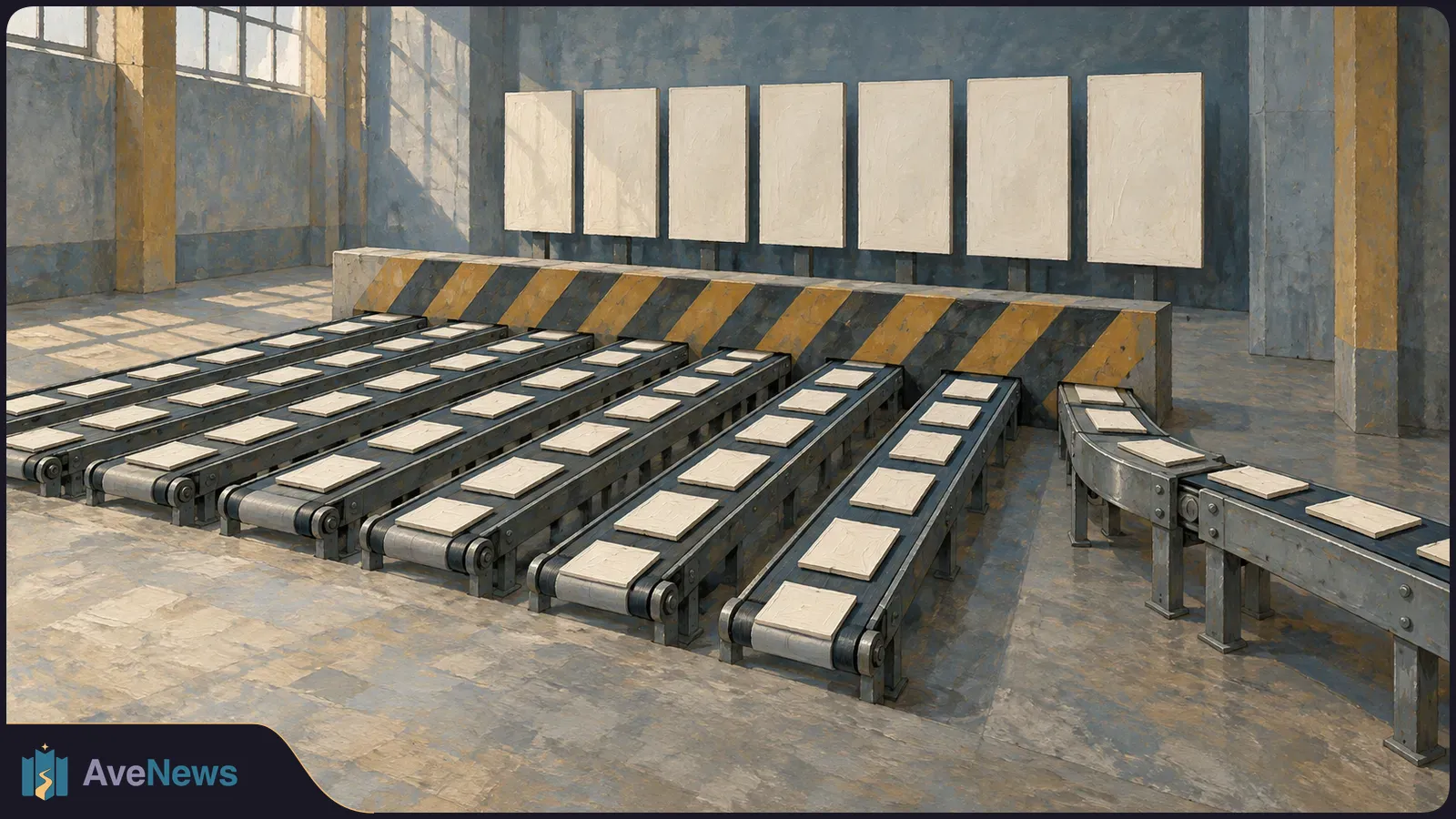 A painted industrial room with conveyor belts holding blank white cards, a black-and-yellow striped barrier, and seven blank upright panels along the back wall. SI illustration