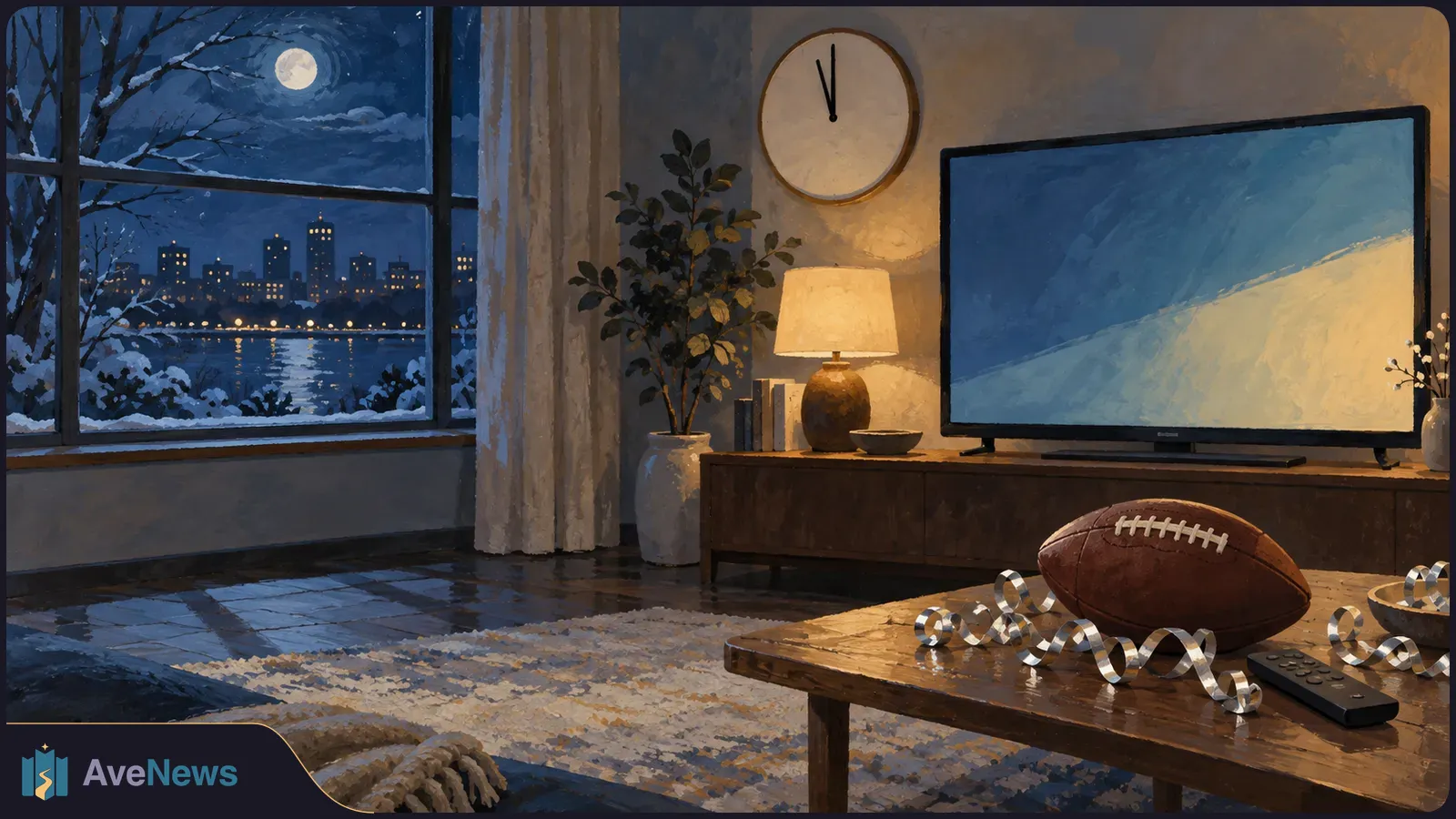 A football and silver party streamers sit before a blank TV in a warmly lit room. A clock hangs above it, and a snowy city glows beyond the window at night. SI illustration