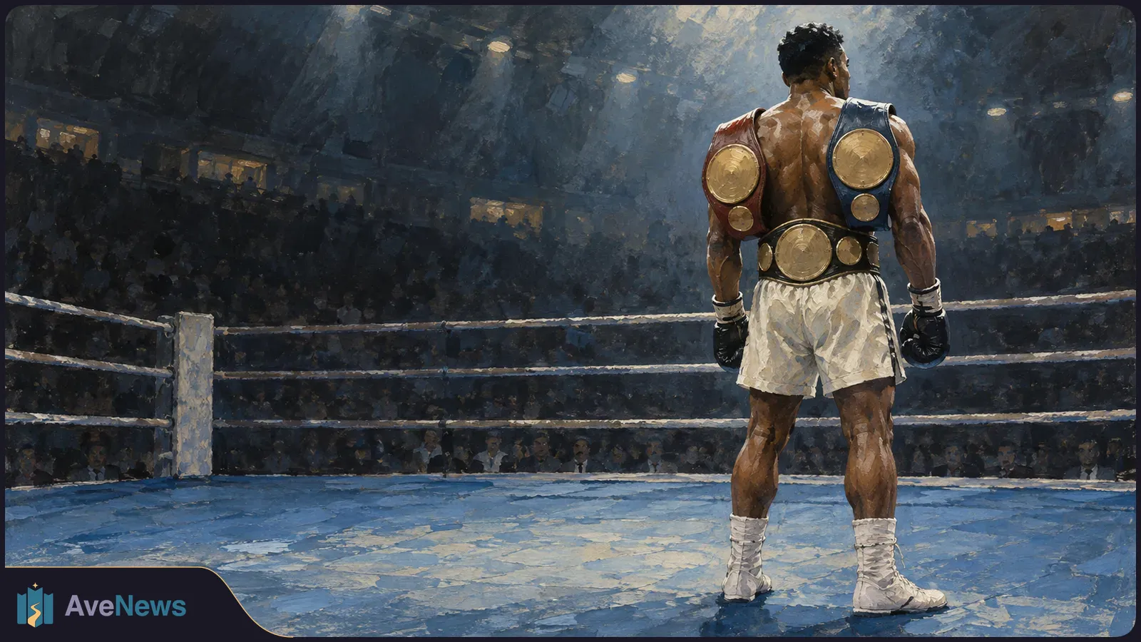 Painted illustration of a boxer seen from behind in a ring, wearing gloves, white shorts and boots, with three gold championship belts draped over his shoulders and waist. A crowd fills the dark arena. SI illustration