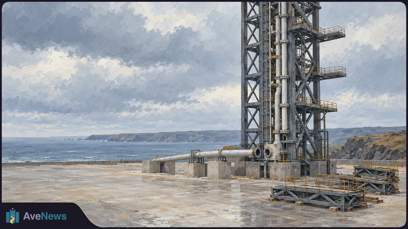 Painted coastal industrial pad with a tall steel tower, pipes and access platforms under a cloudy sky. SI illustration