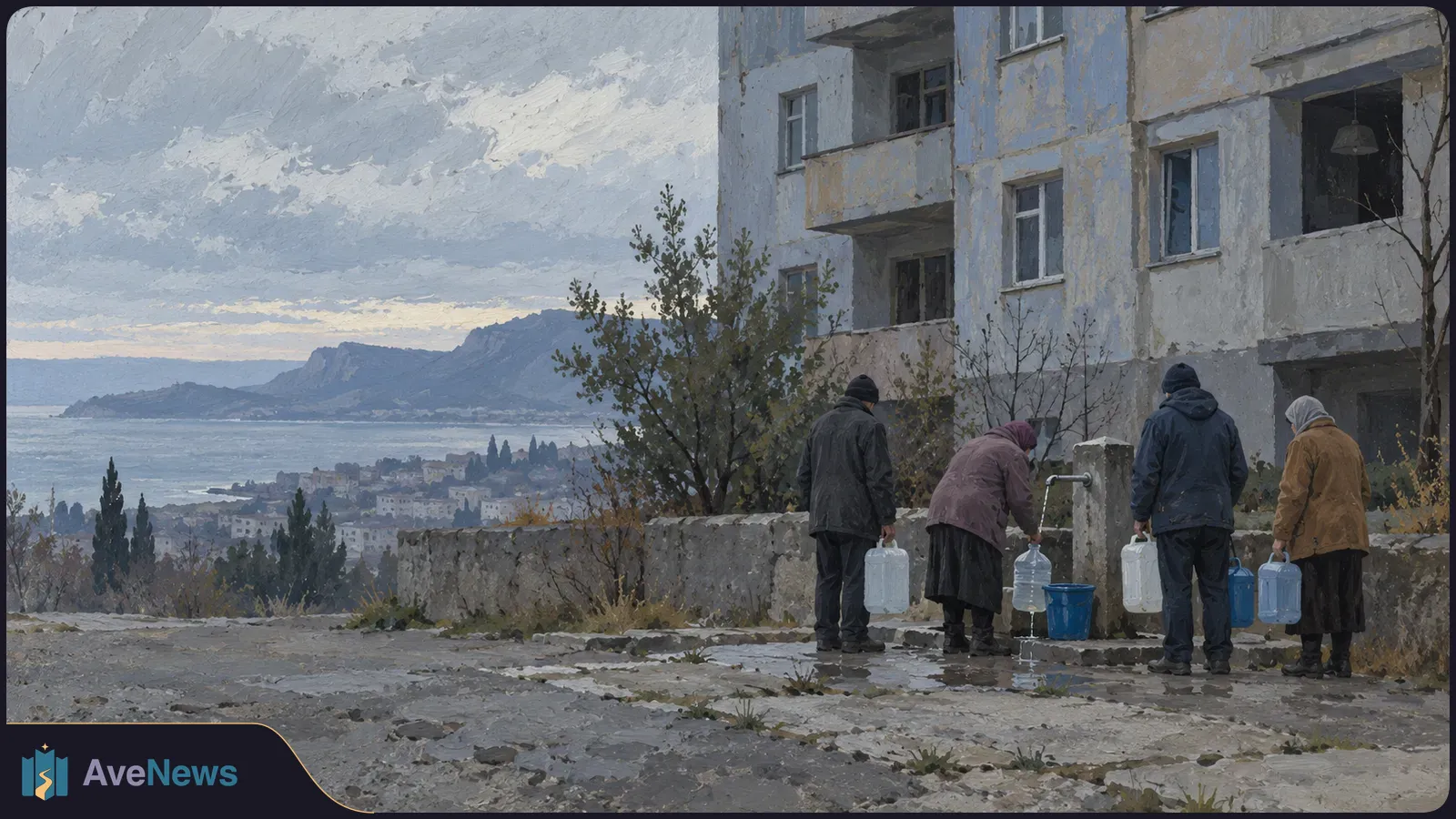 Painterly scene of four people with water containers beside an outdoor tap near an apartment building, with a coastal town and mountains under a cloudy sky. SI illustration