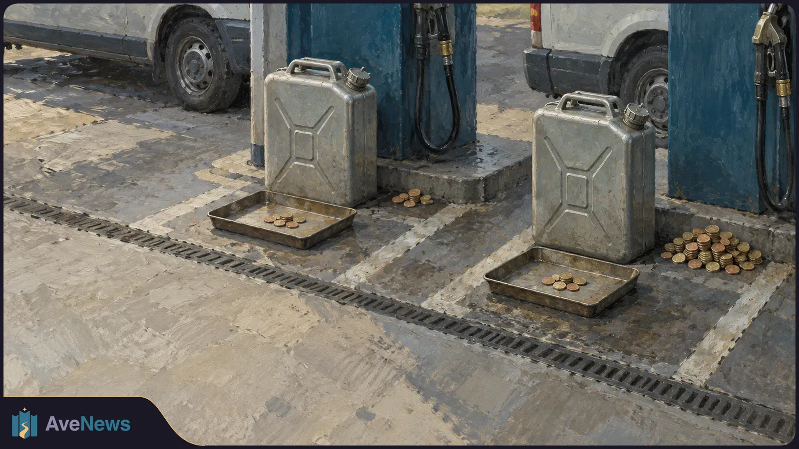 Painted scene of two fuel pumps with matching metal jerrycans and coin trays. A much larger pile of coins sits beside the can on the right; vans are parked behind them. SI illustration
