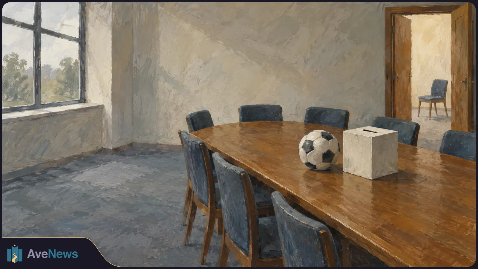 Painted empty meeting room with blue chairs around a wooden table. A football and a plain ballot box sit on the table. SI illustration