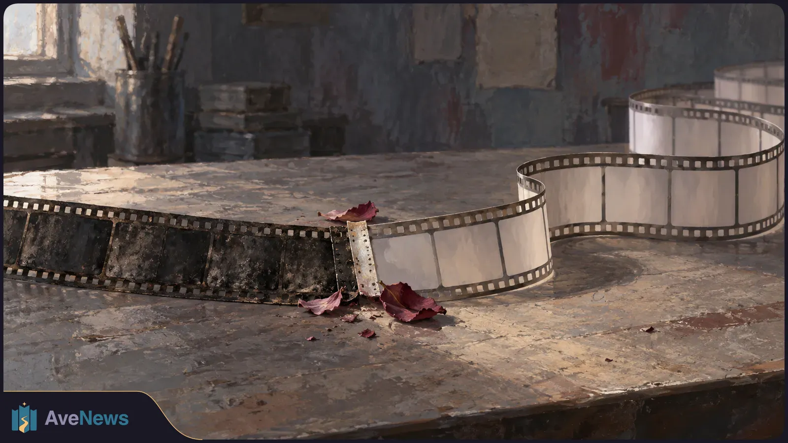 A curling film strip lies across a worn tabletop, its dark frames giving way to blank ones. Scattered red petals sit nearby. SI illustration