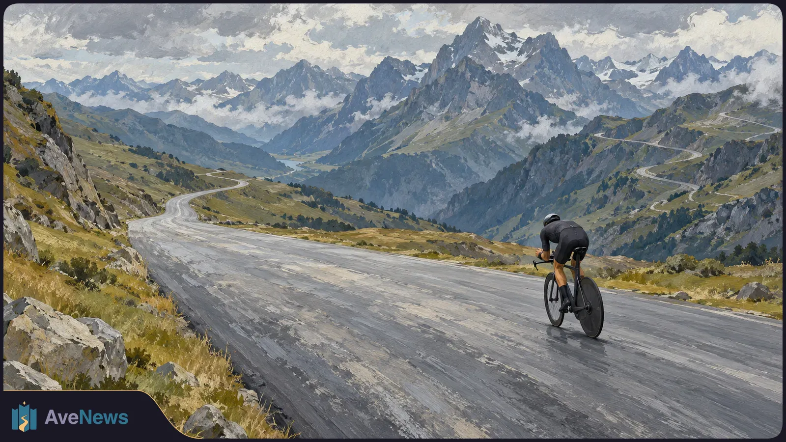 A lone cyclist rides along a winding mountain road beneath cloudy skies, with rocky, snow-dusted peaks in the distance. SI illustration