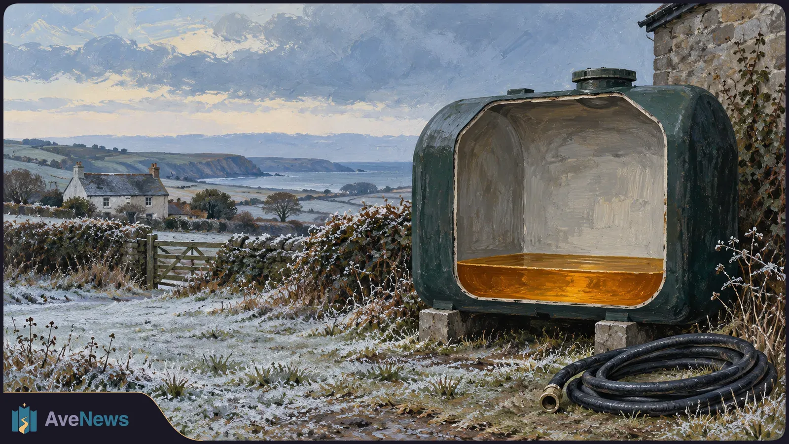 Painted winter countryside with a cottage, frosty fields and a large cutaway oil tank holding a shallow layer of amber liquid beside a coiled hose. SI illustration