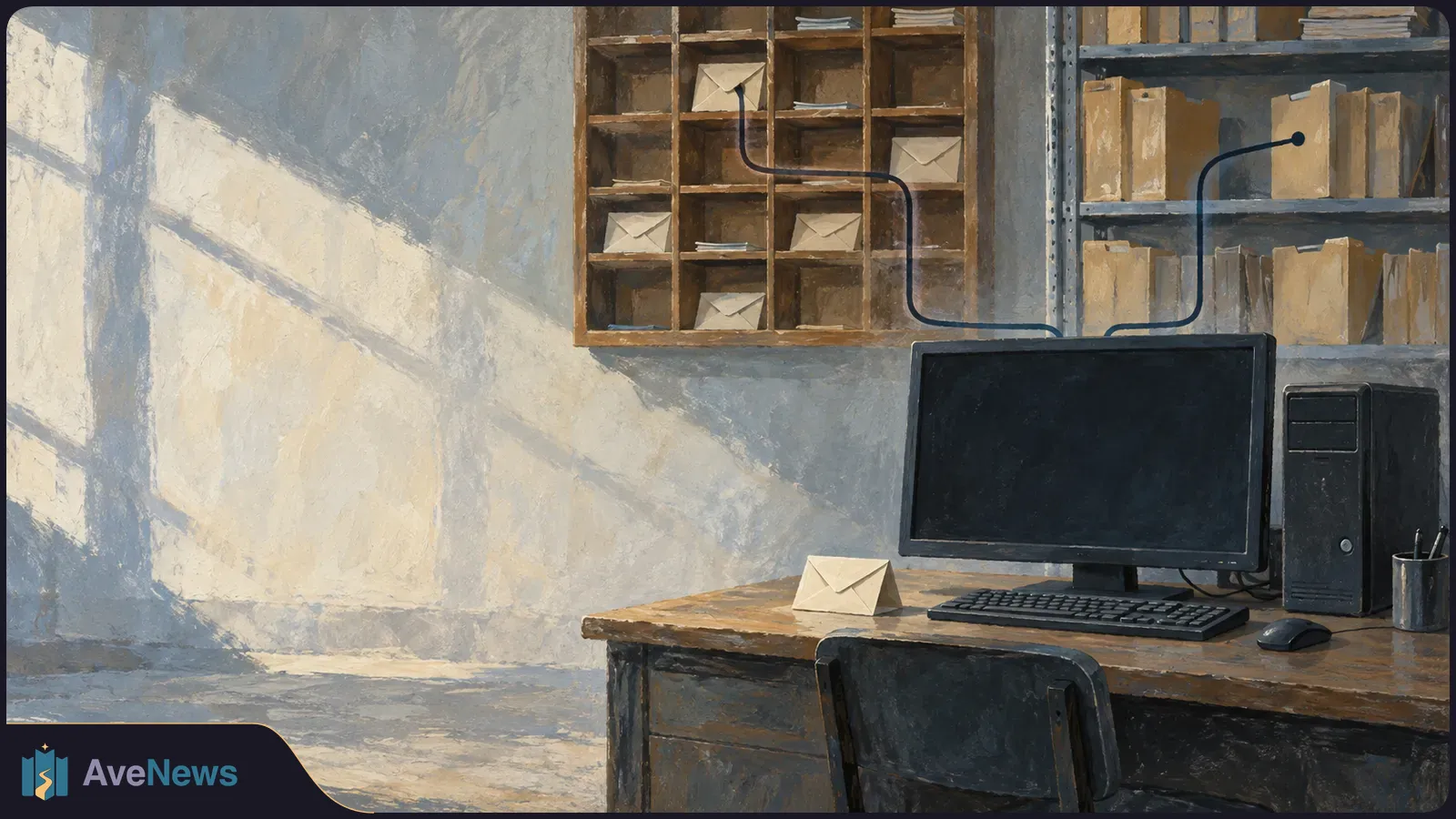 Painted office corner with a desktop computer, an envelope on the desk, mail cubbies and shelves of folders. Dark lines connect the cubbies and shelves to the computer. SI illustration